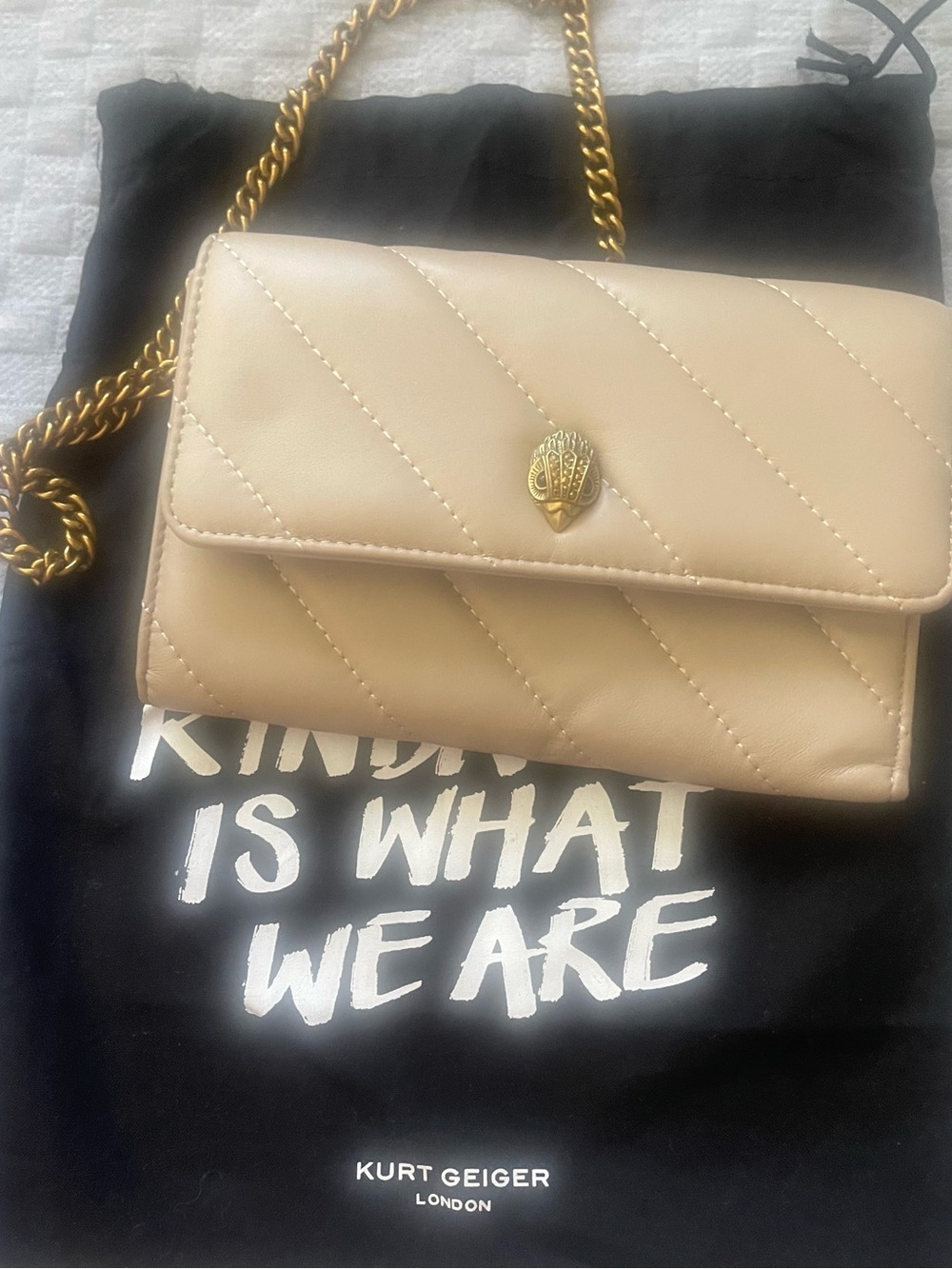 Kurt Geiger Beige Quilted Leather Crossbody with Gold Chain
